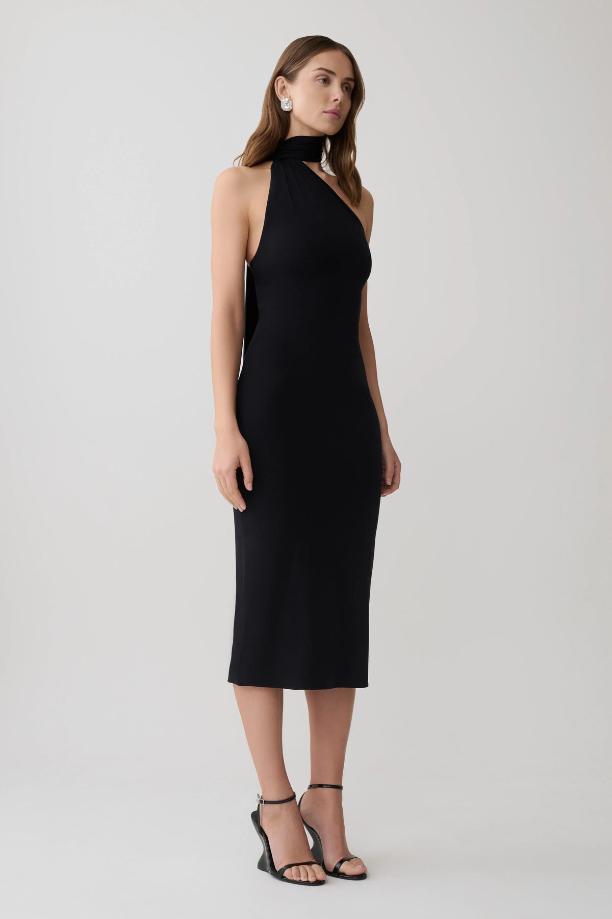 Jemma One Shoulder Tie Midi Dress Black