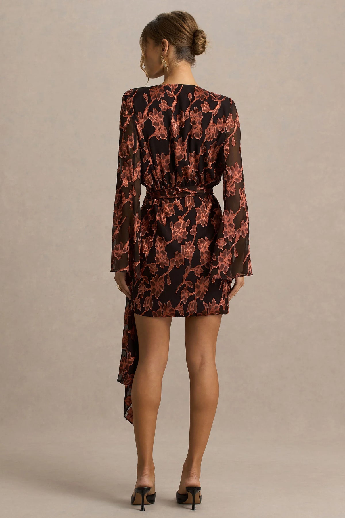 Lindsey Black And Rust Plunge Neck Wrap Mini Dress With Bell Sleeves And Sash Detail