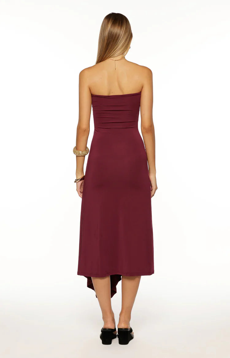 Maura Plum Strapless Asymmetrical Midi Dress