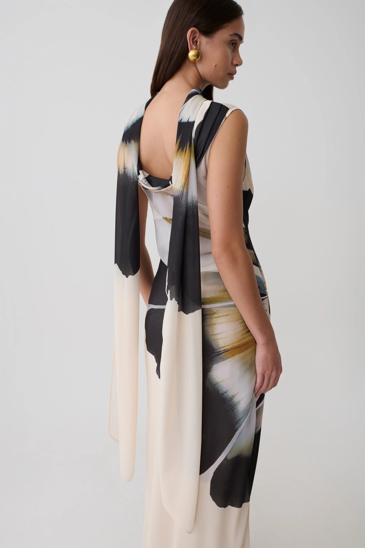 Dakota Chiffon Maxi Dress With Scarf Ivory Oversized Floral Print
