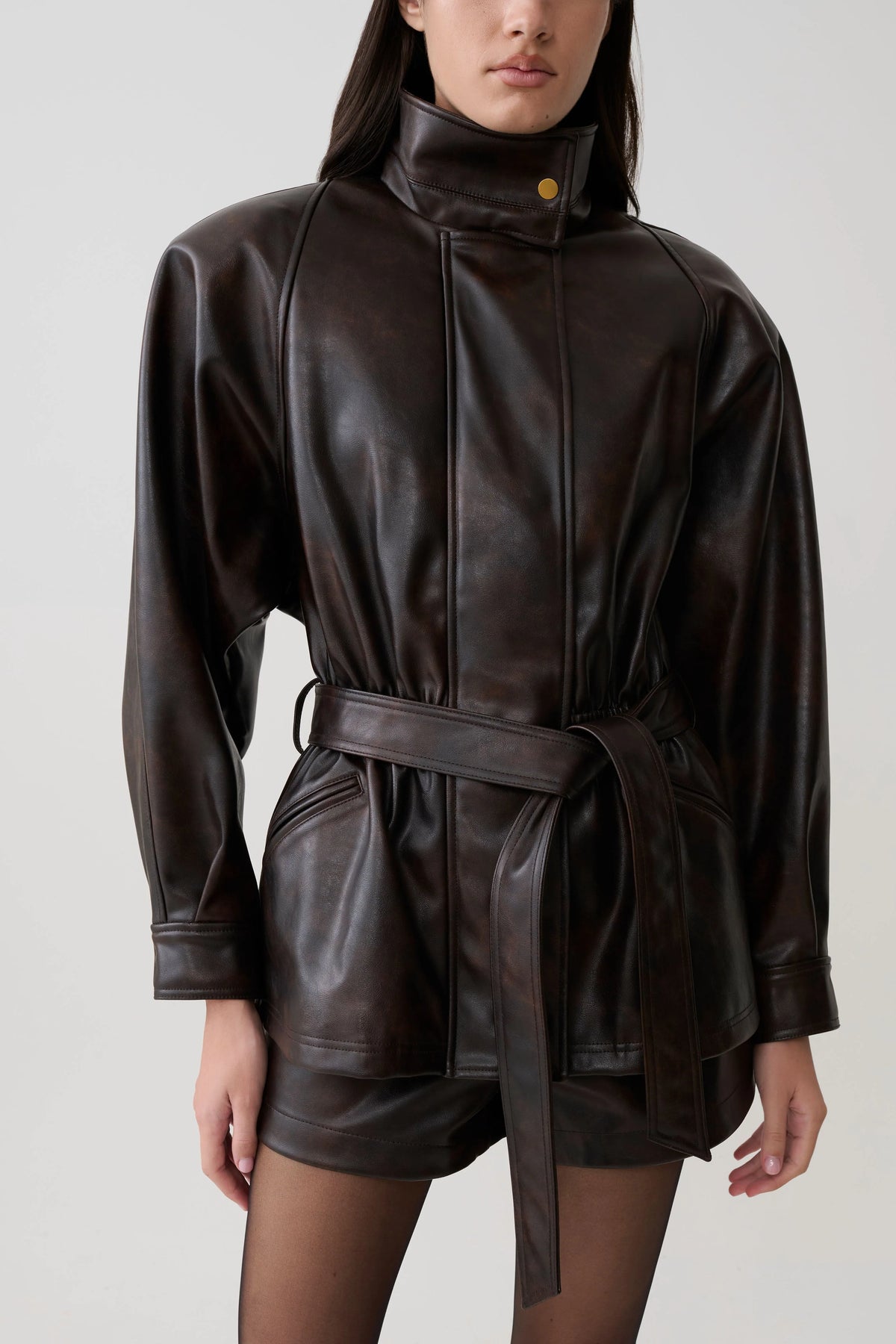 Adaline Faux Leather Cinch Waist Jacket Dark Chocolate
