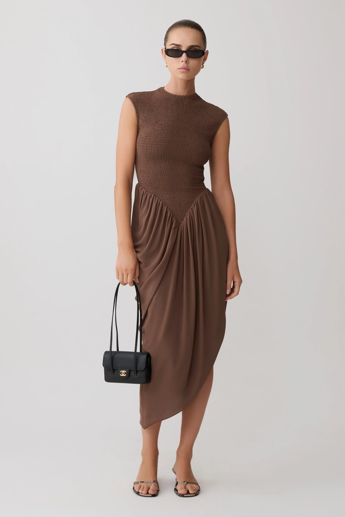 Nola Shirred Asymmetric Midi Dress Mocha
