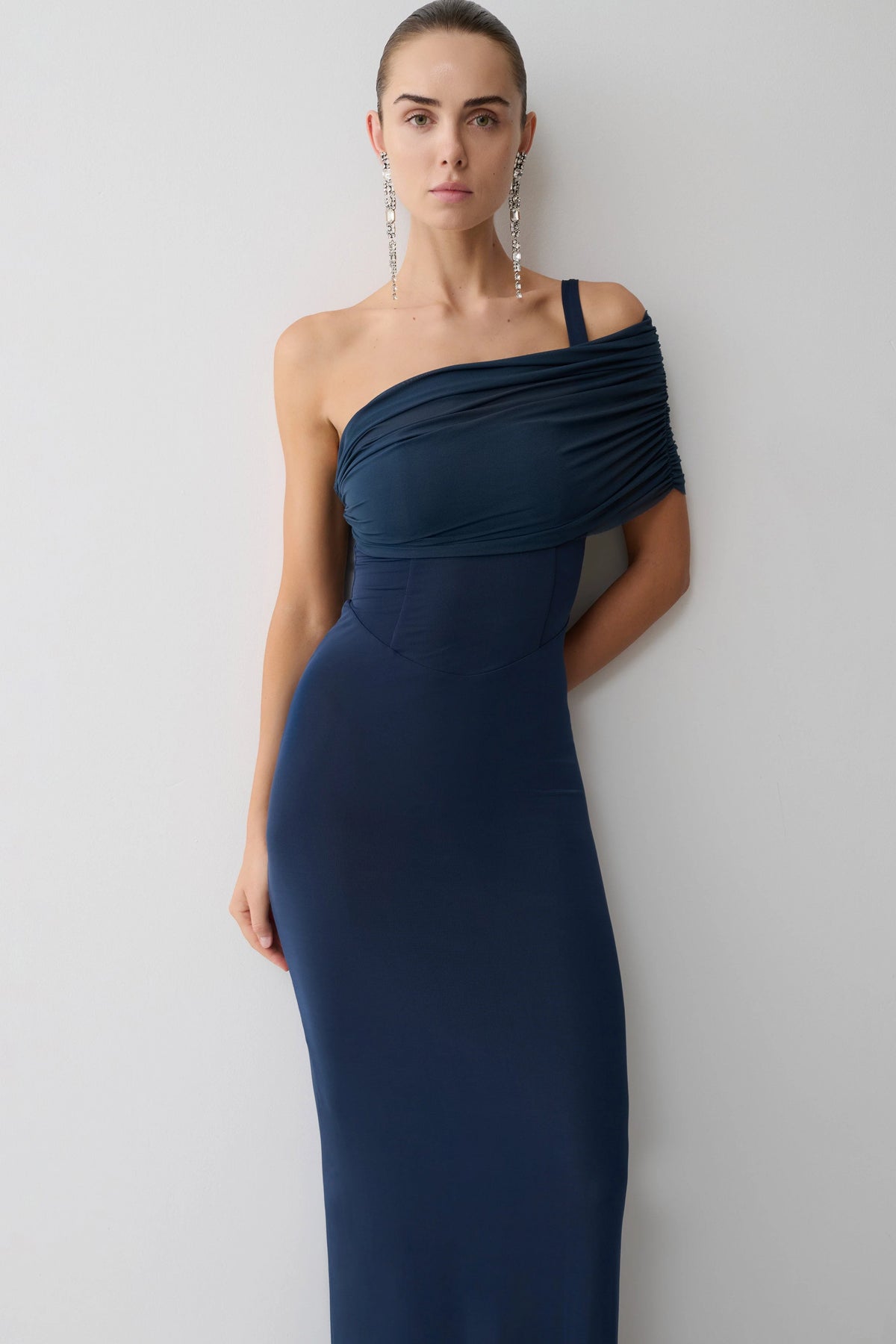 Hanh One Shoulder Mesh Maxi Dress Ink Blue