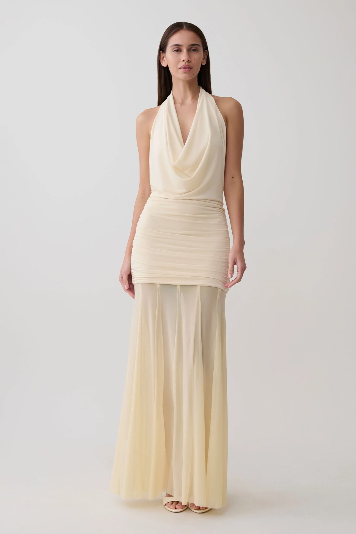 Jorja Draped Halter Slinky Maxi Dress Ivory