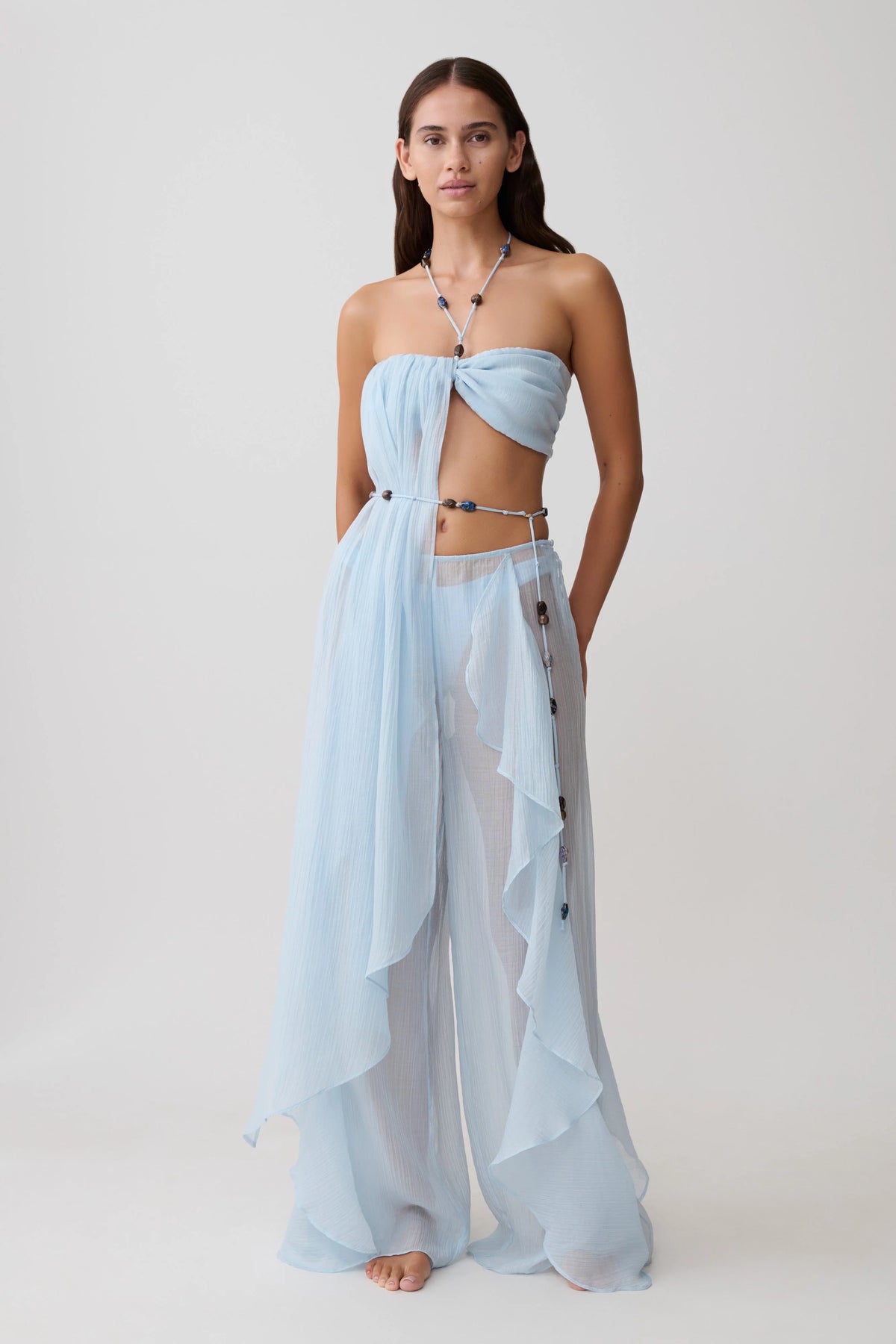 Kai Beaded Draped Scarf Top Pale Blue