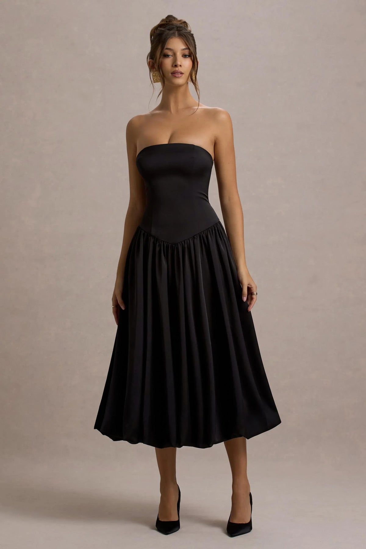 Keyton Black Satin Bandeau Midi Dress