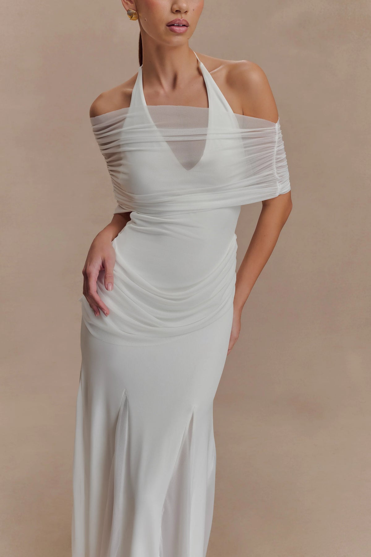 Gabrielle Slinky And Mesh Maxi Dress White