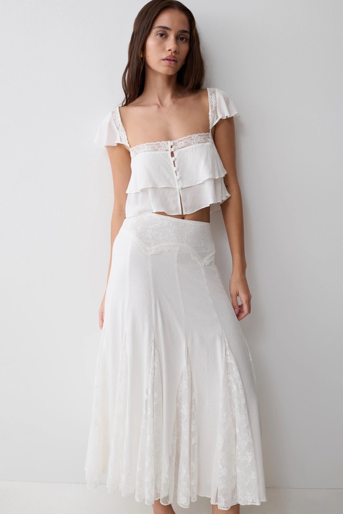 Skylar Lace Panelled Midi Skirt White