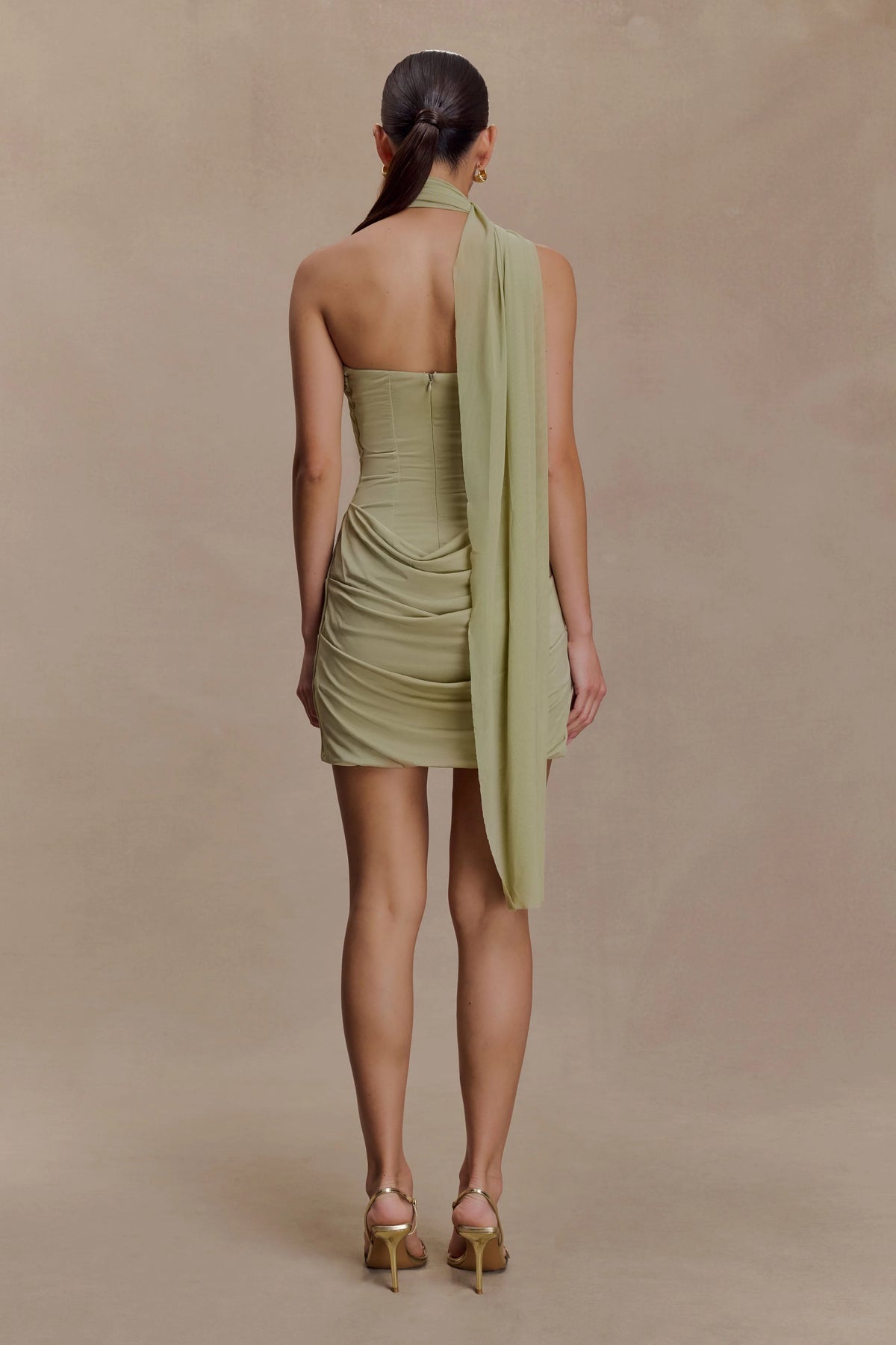 Mattea Slinky And Mesh Mini Dress With Scarf Sage