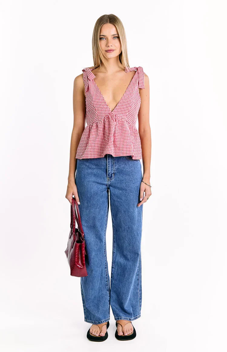 Angelica Red Gingham Tie Top