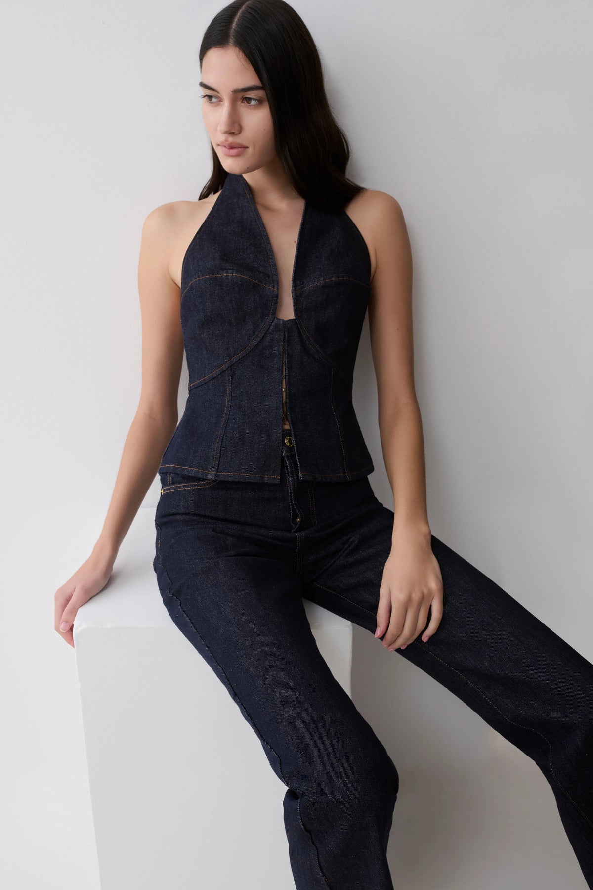 Rema Halter Longline Denim Top Washed Indigo Blue