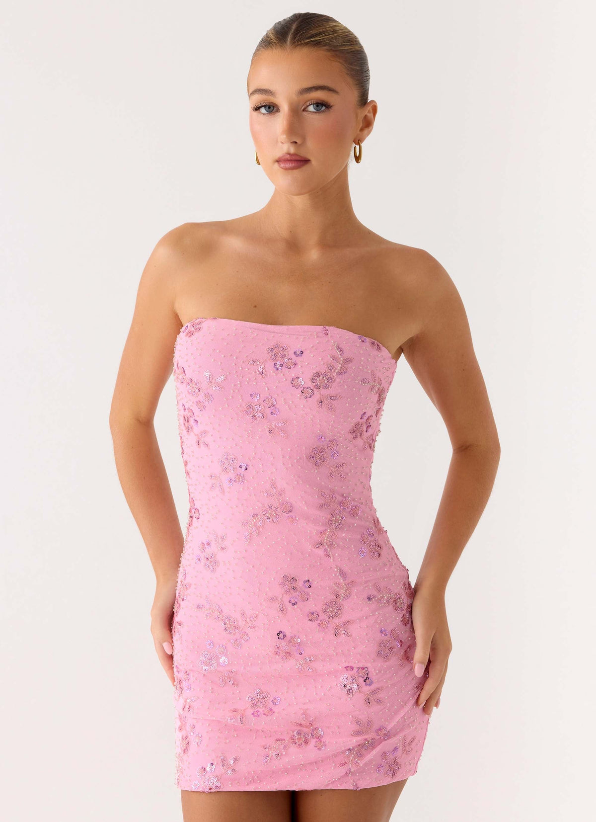 Push Back Beaded Sequin Mini Dress Pink