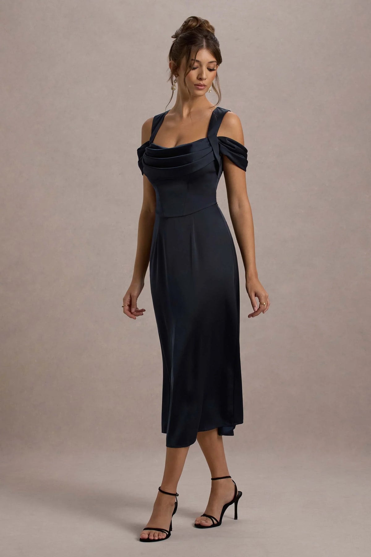 Sawyer Navy Satin Draped Midi Dress