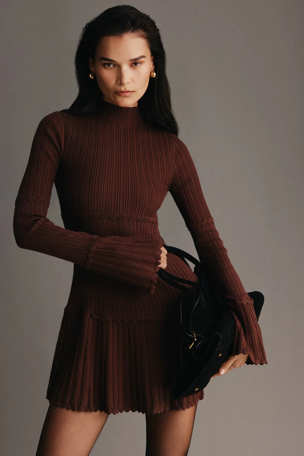 Adena Pointelle Knit Mini Dress Chocolate