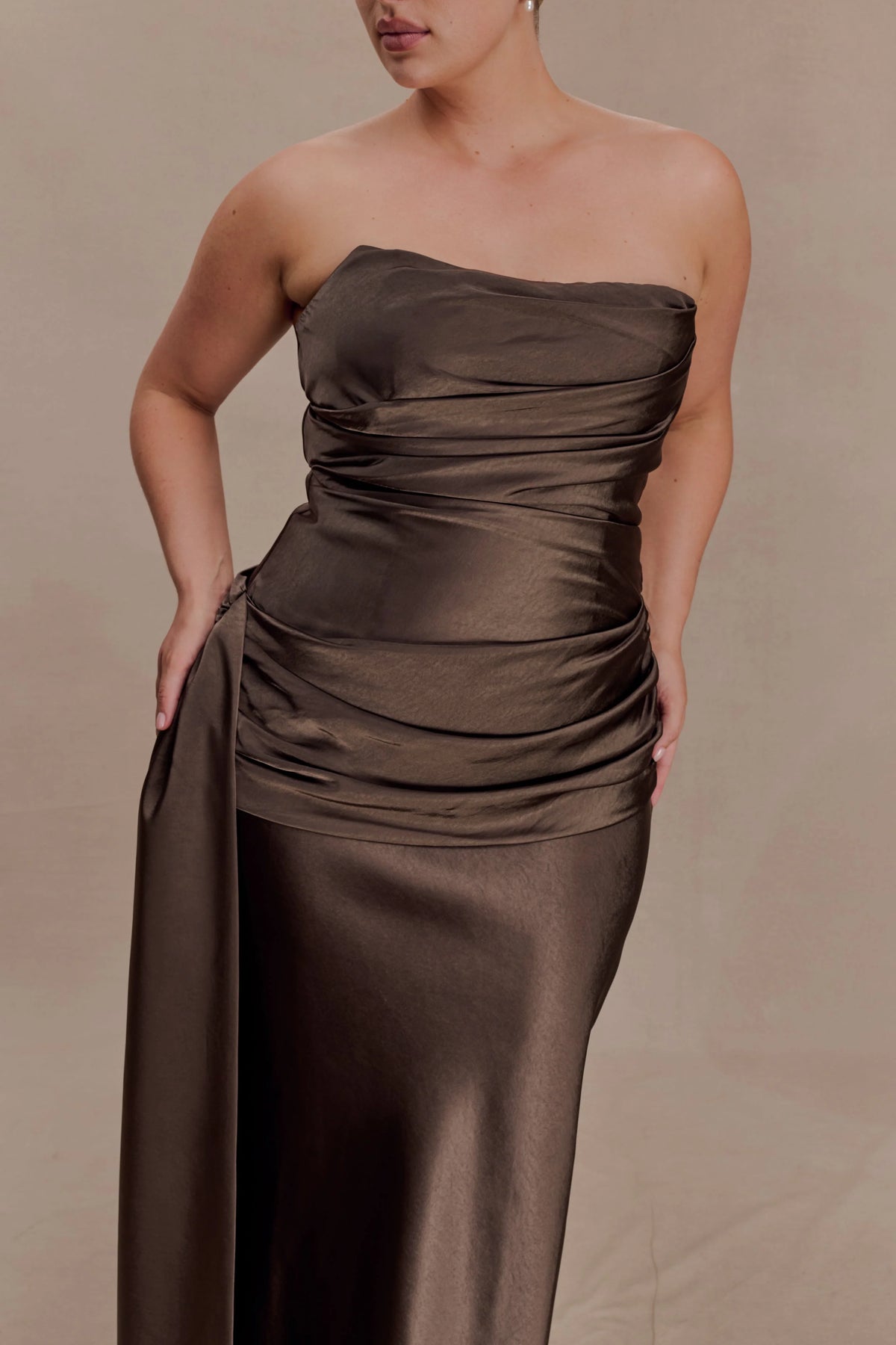 Sarah Strapless Maxi Dress With Waist Tie Mocha