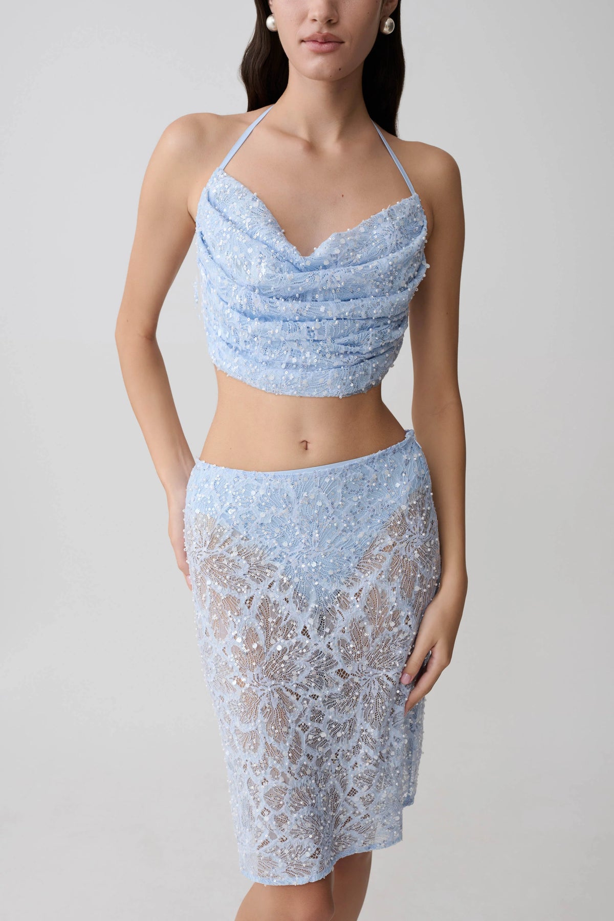 Kiara Pearl Beaded Cowl Crop Top Powder Blue