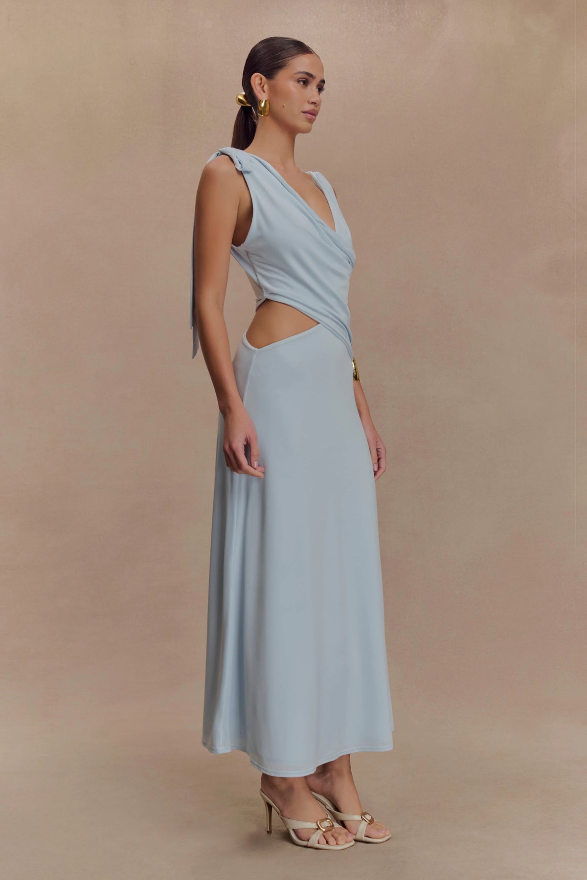 Raleigh Asymmetrical Slinky Midi Dress Pale Blue
