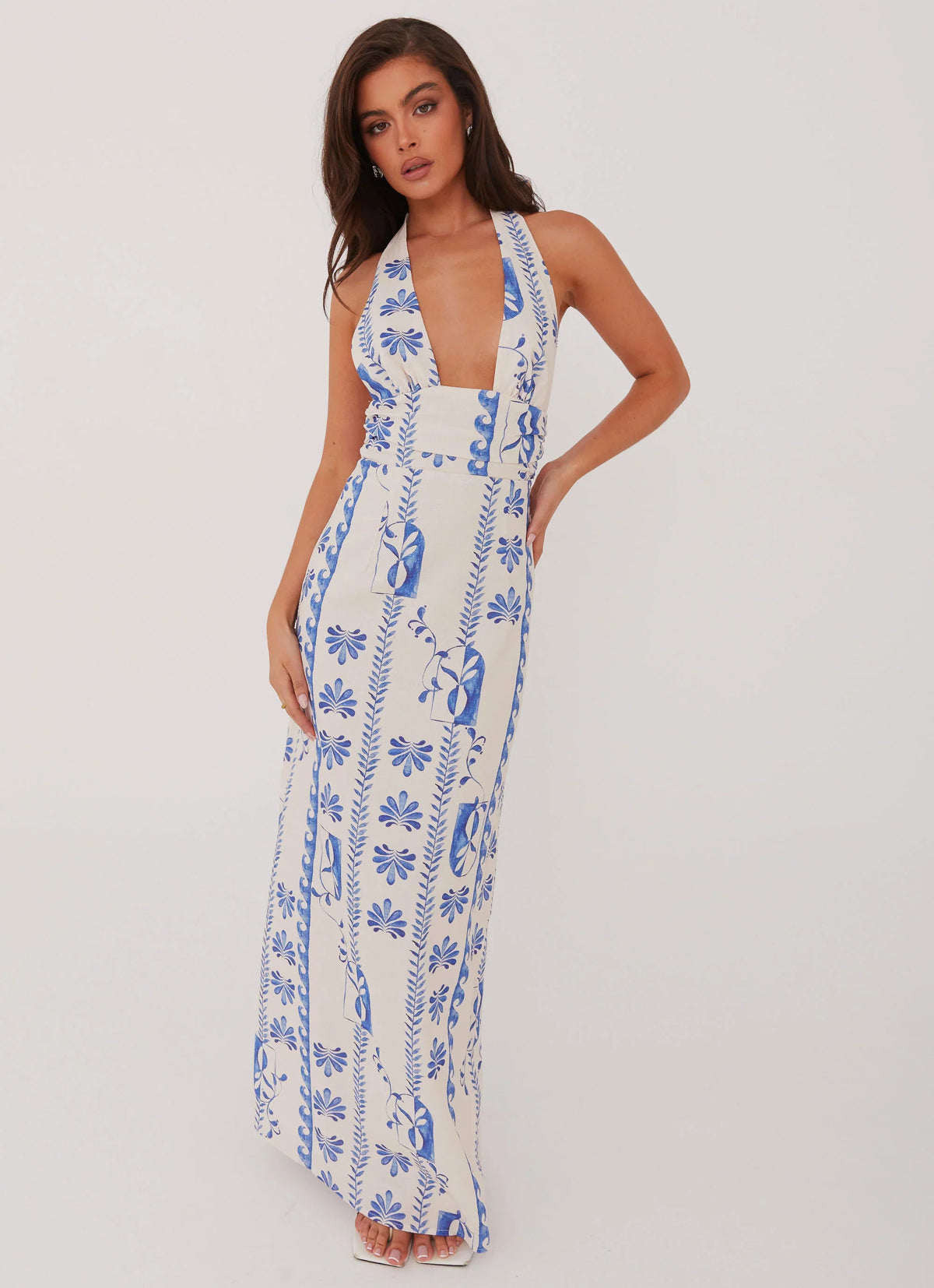 Sky Linen Maxi Dress Floral Wave