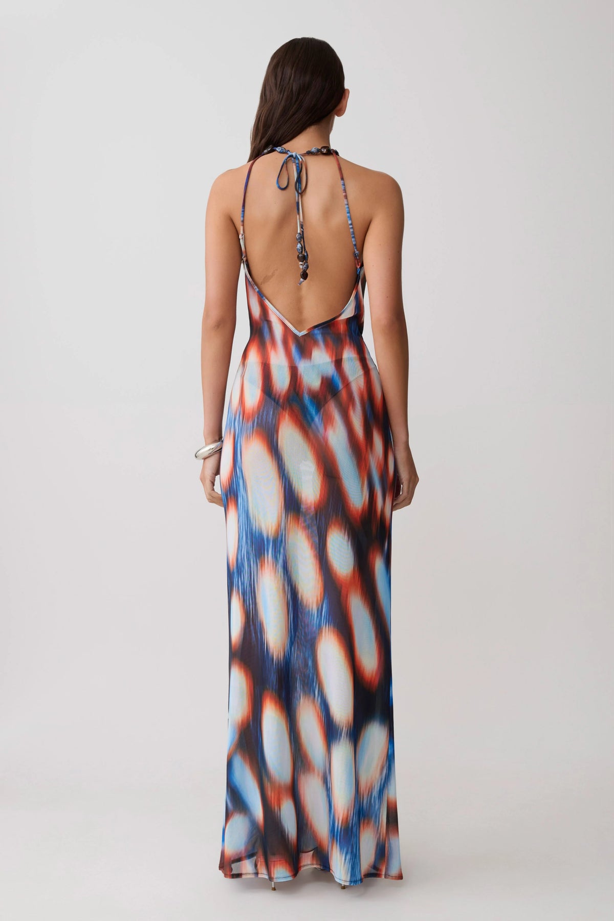 Ethel Mesh Cowl Plunge Maxi Blue Abstract Print