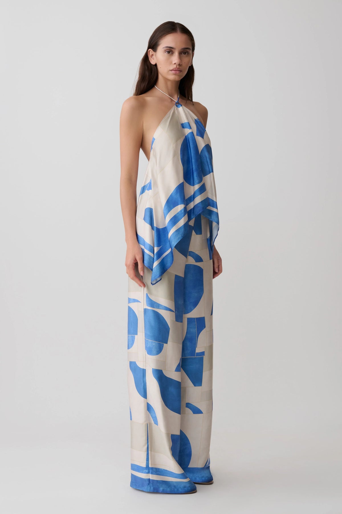 Rachel Satin Straight Leg Pants Blue Geo Tile Print