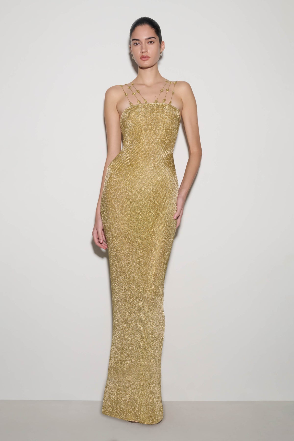 Shami Lurex Maxi Dress With Flowers Gold