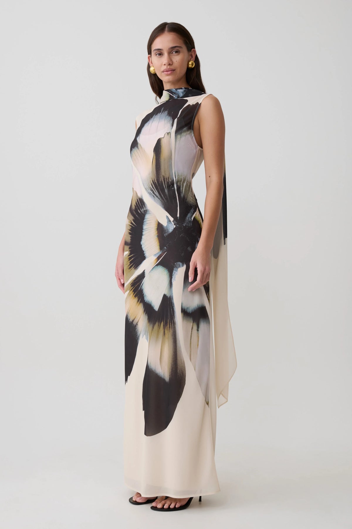Dakota Chiffon Maxi Dress With Scarf Ivory Oversized Floral Print