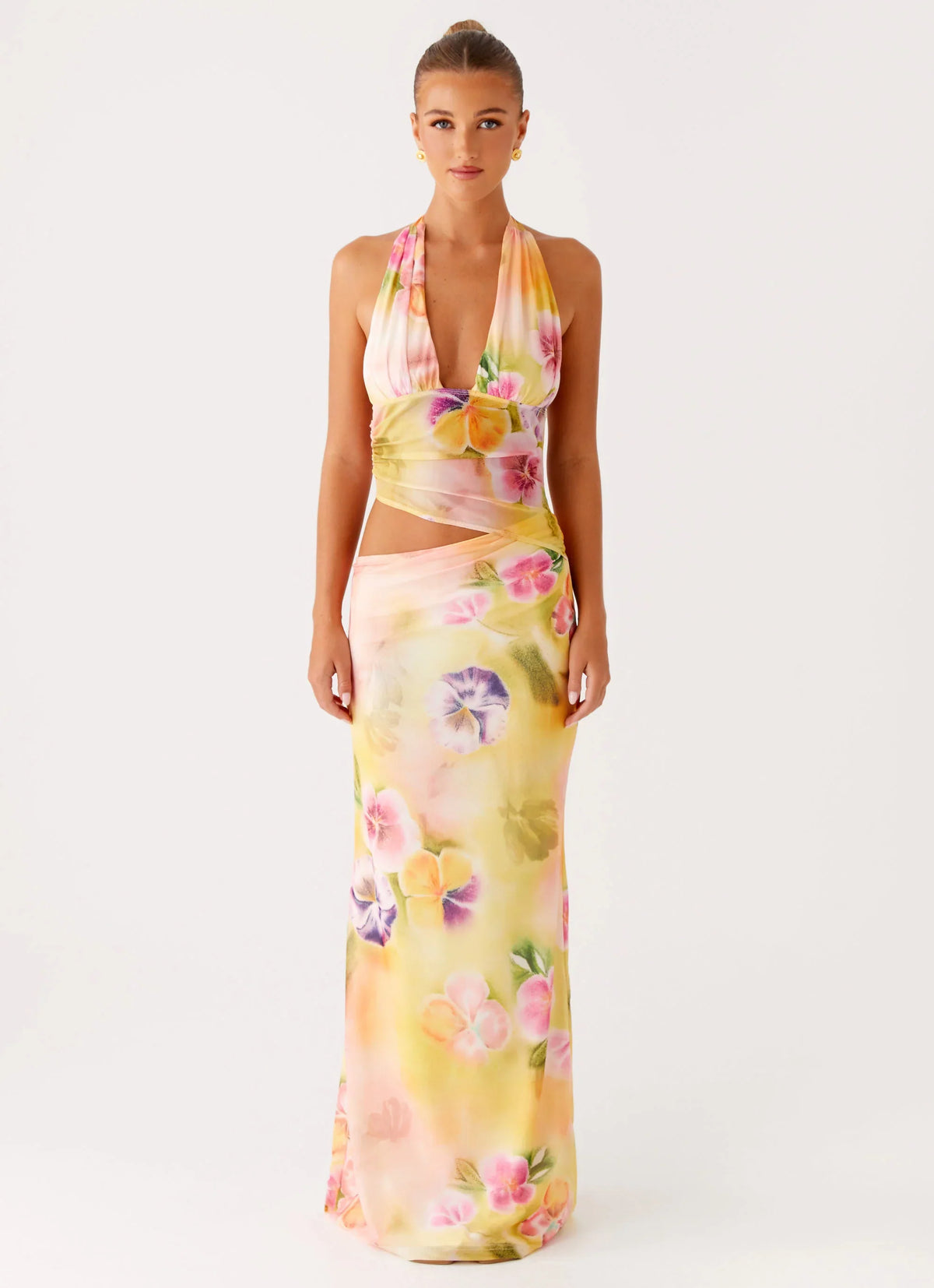 Main Act Halter Maxi Dress Sunburst Floral