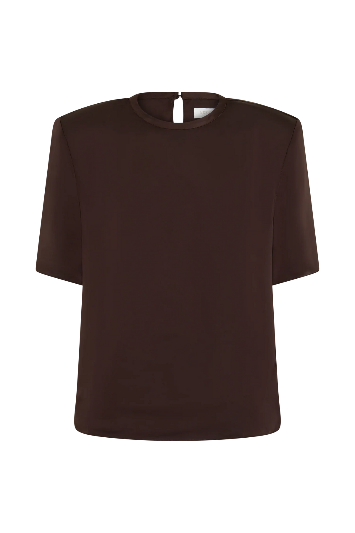 Harlyn Shoulder Pad Short Sleeve Satin Top Dark Chocolate