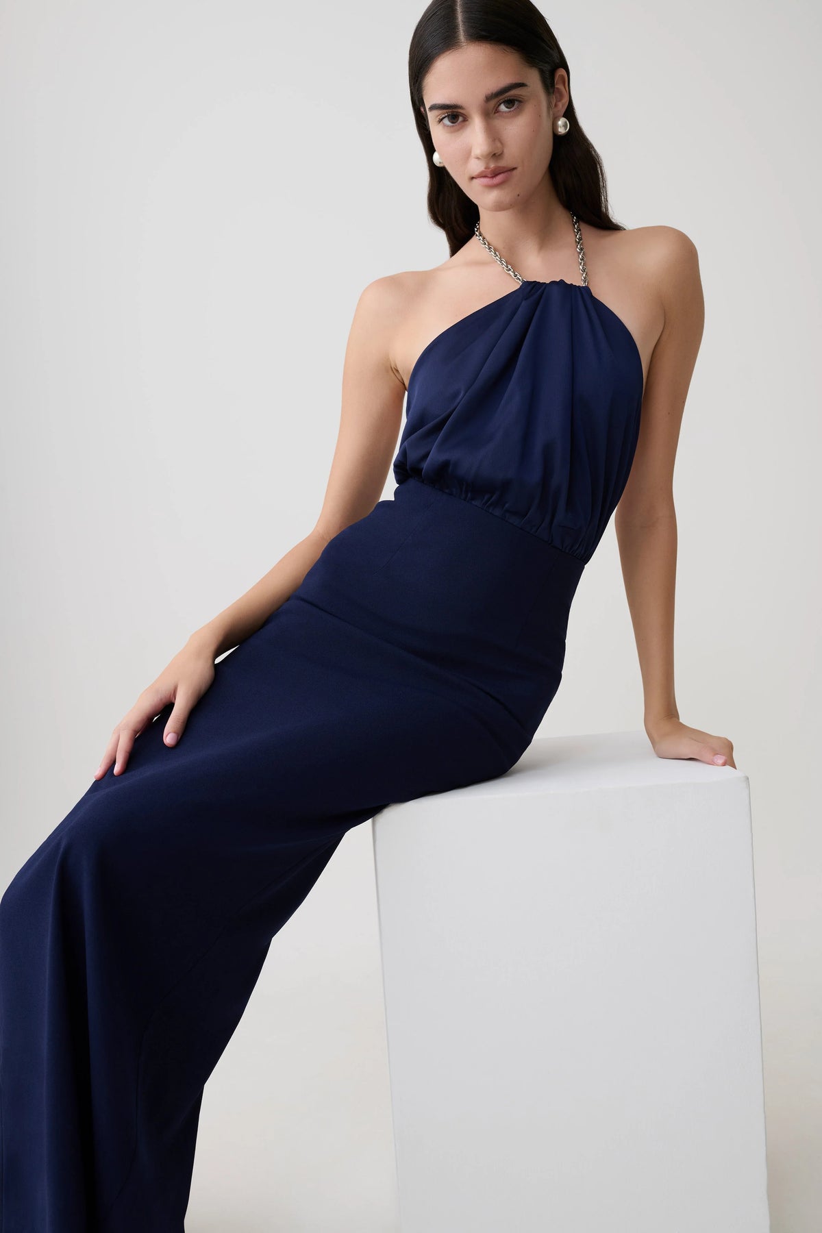 Elina Satin Necklace Maxi Dress Navy