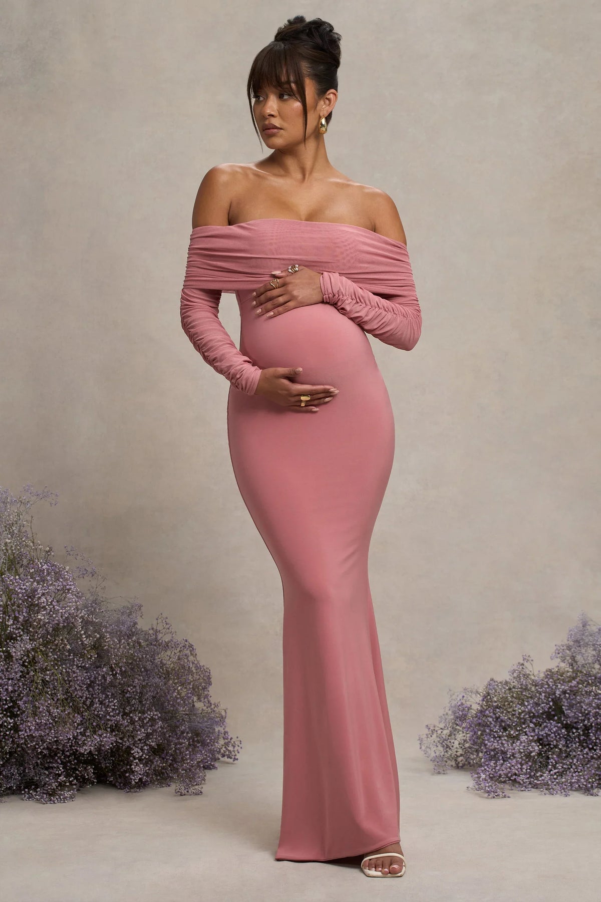 Pretty Perfect Blush Pink Maternity Ruched Mesh Bardot Maxi Dress
