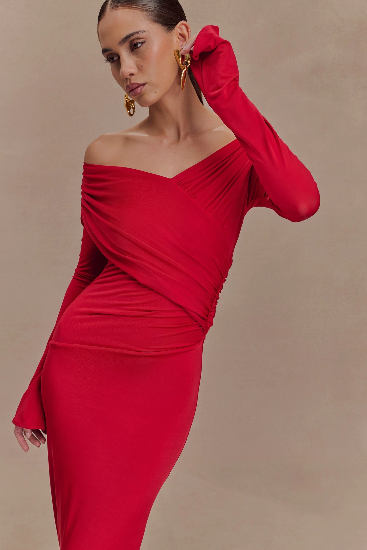 Therese Off Shoulder Ruched Maxi Dress Red