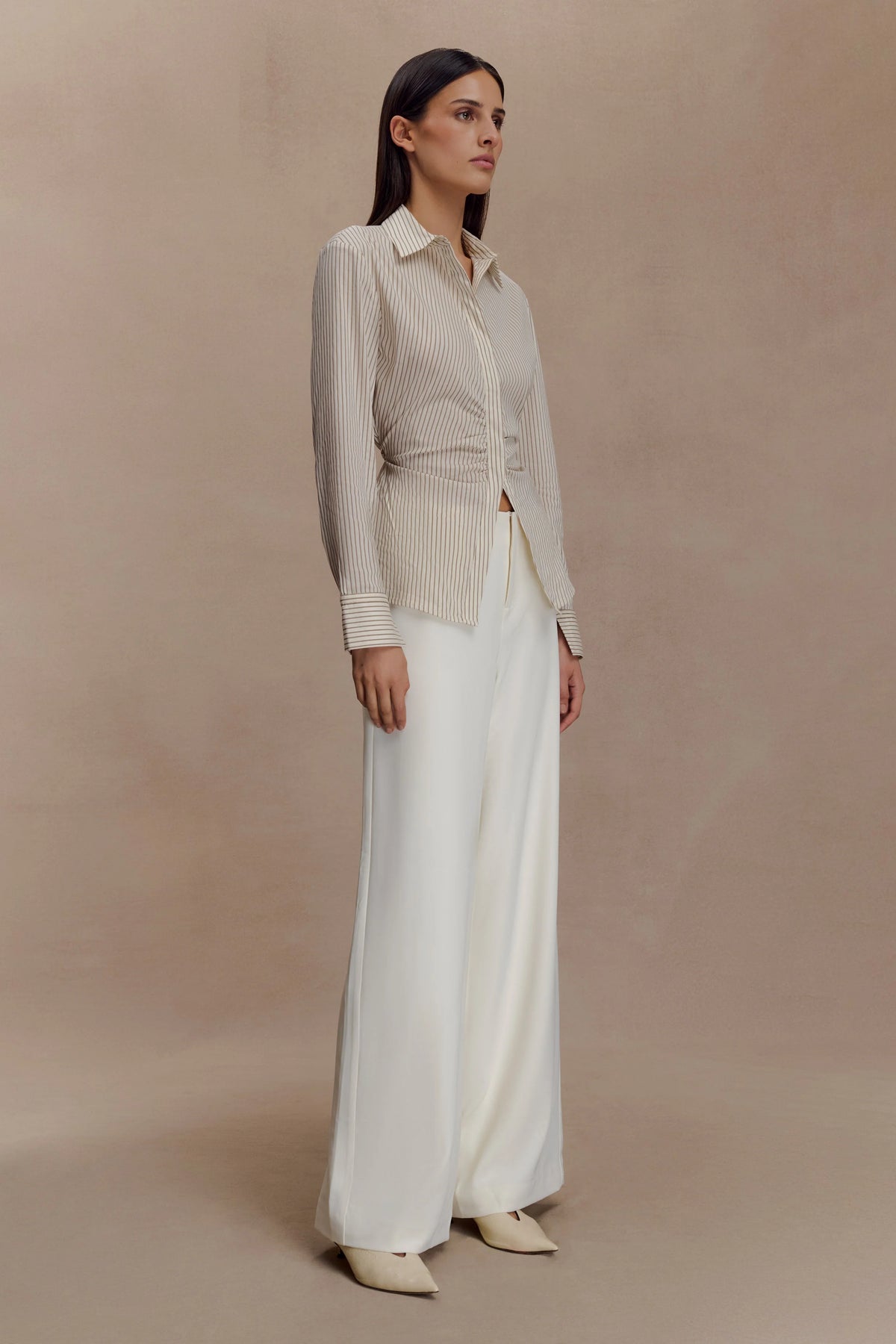 Millie Tie Back Cotton Shirt Beige Pinstripe