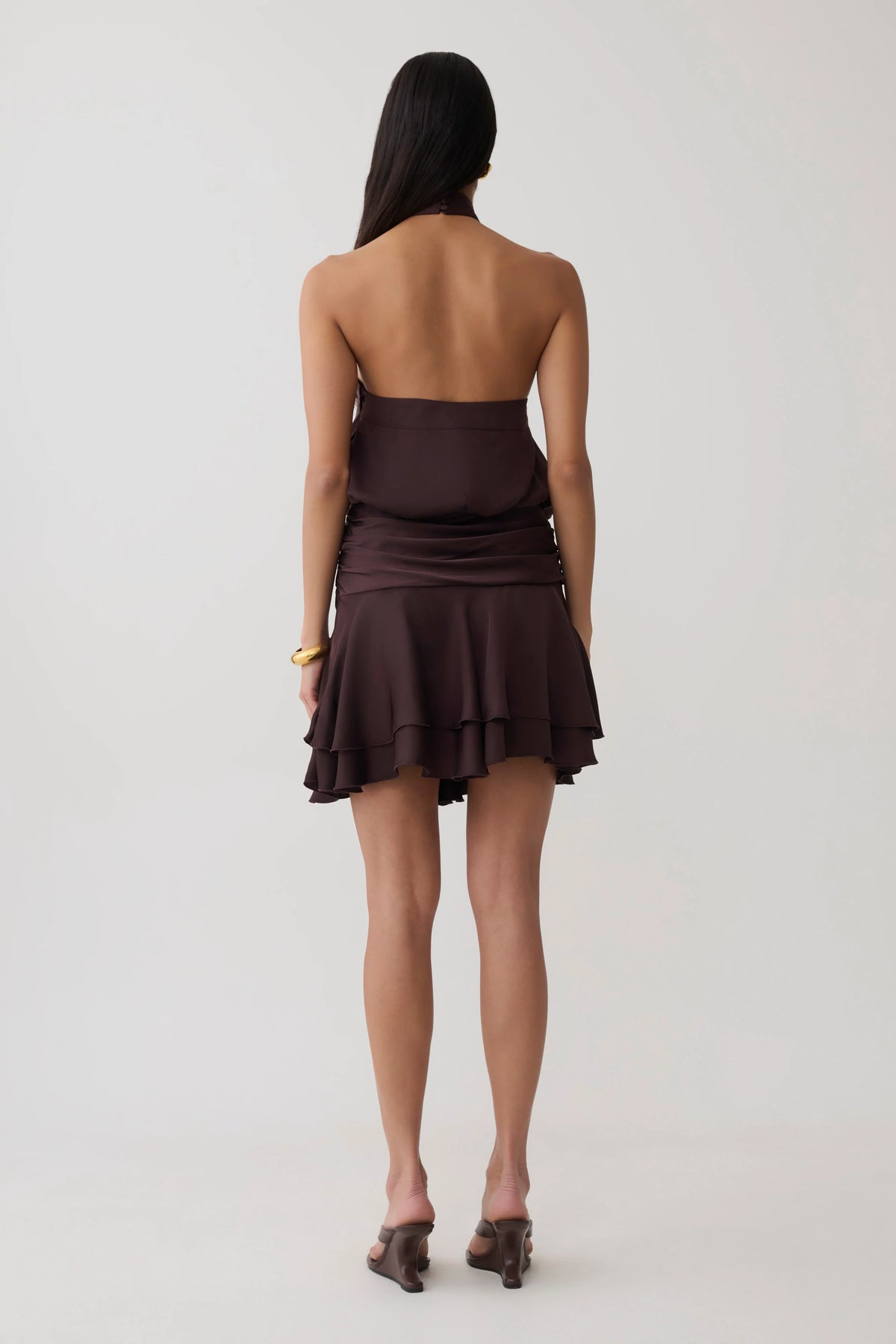 Poppy Satin Halter Mini Dress Chocolate