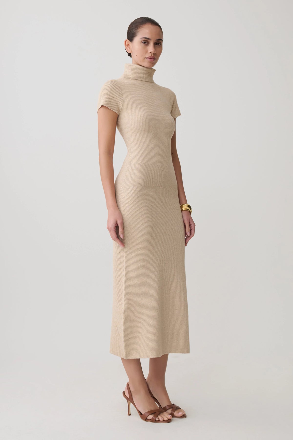 Goldie High Neck Knit Midi Dress Camel