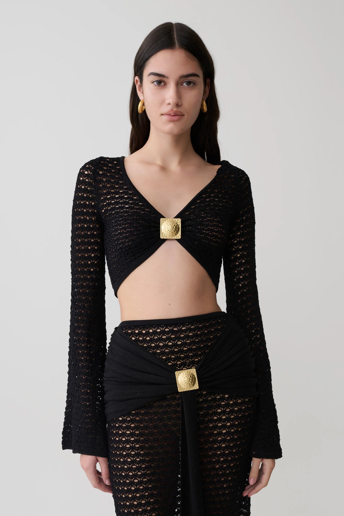 Mania Crochet Long Sleeve Cropped Top Black