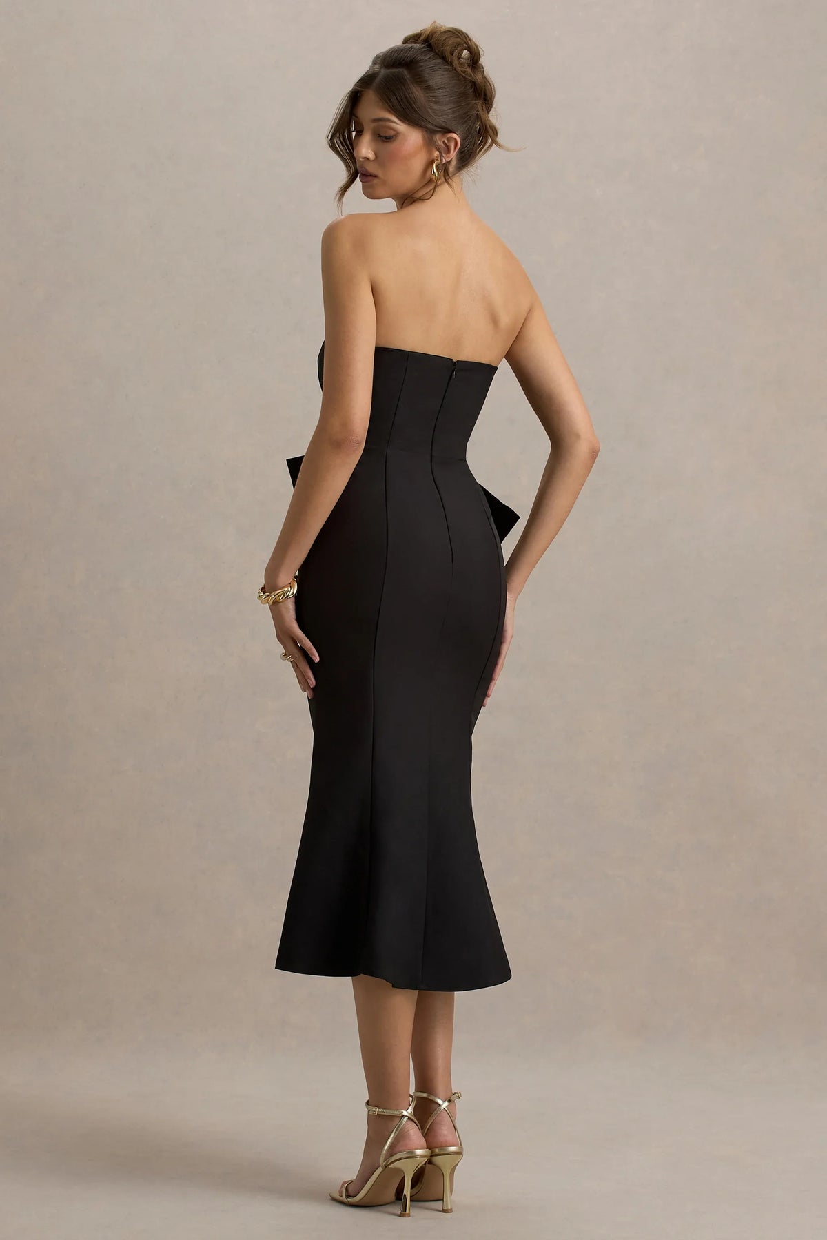 To Me Black Bandeau Midi Dress With Oversized Bow