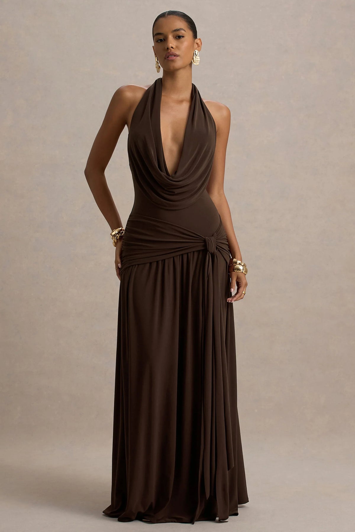 Mist Brown Plunge Neck Maxi Dress With Knot Detail And Open Back