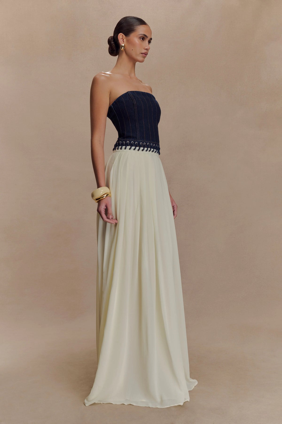 Suella Chiffon Denim Maxi Dress Indigo Blue