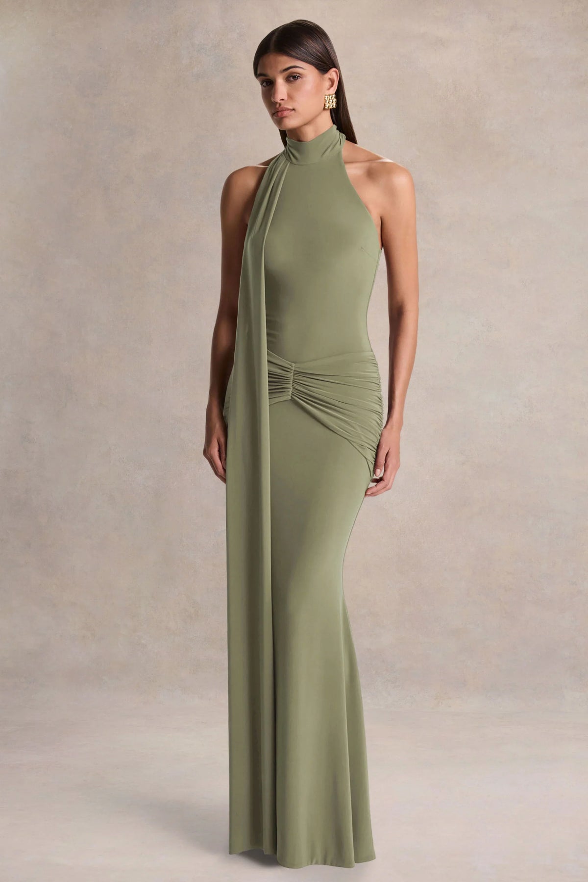 Hyla Green High Neck Maxi Dress With Sash Detail