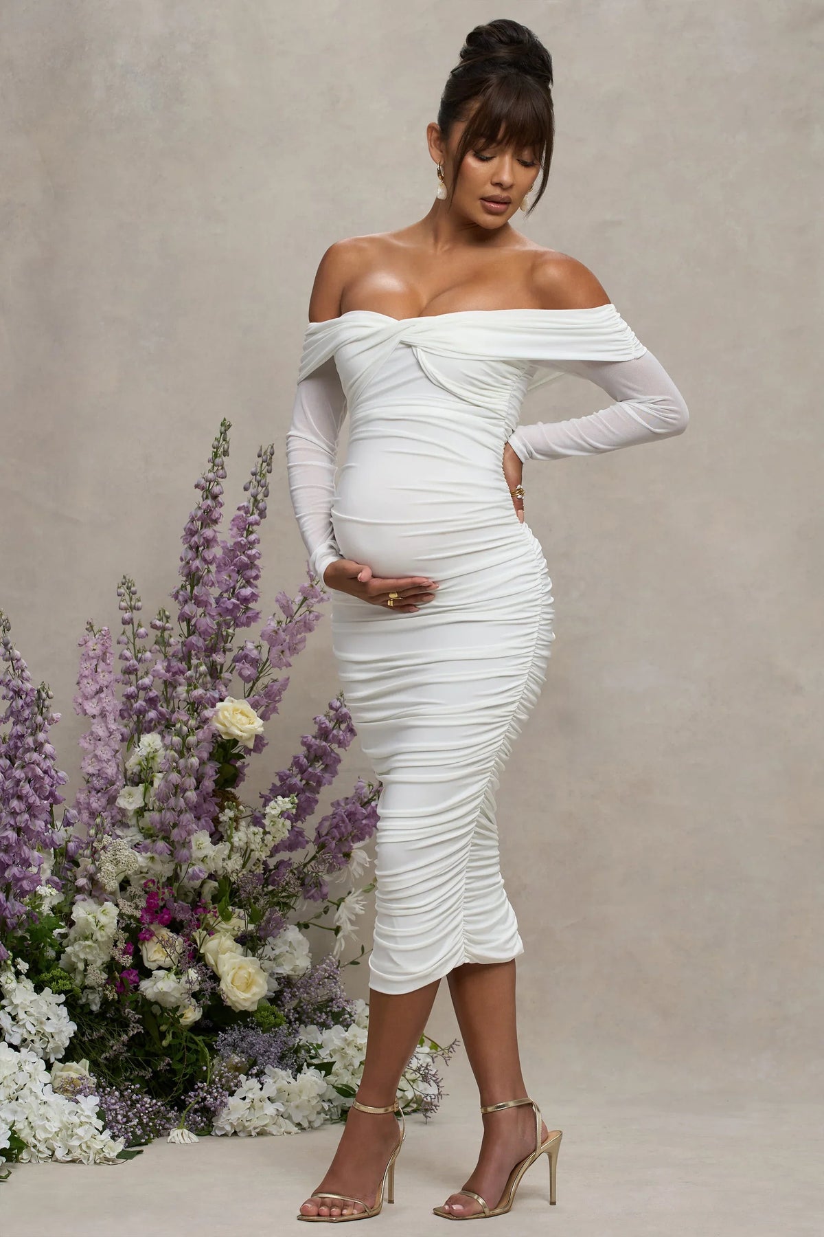Neva White Bardot Twist Maternity Midi Dress