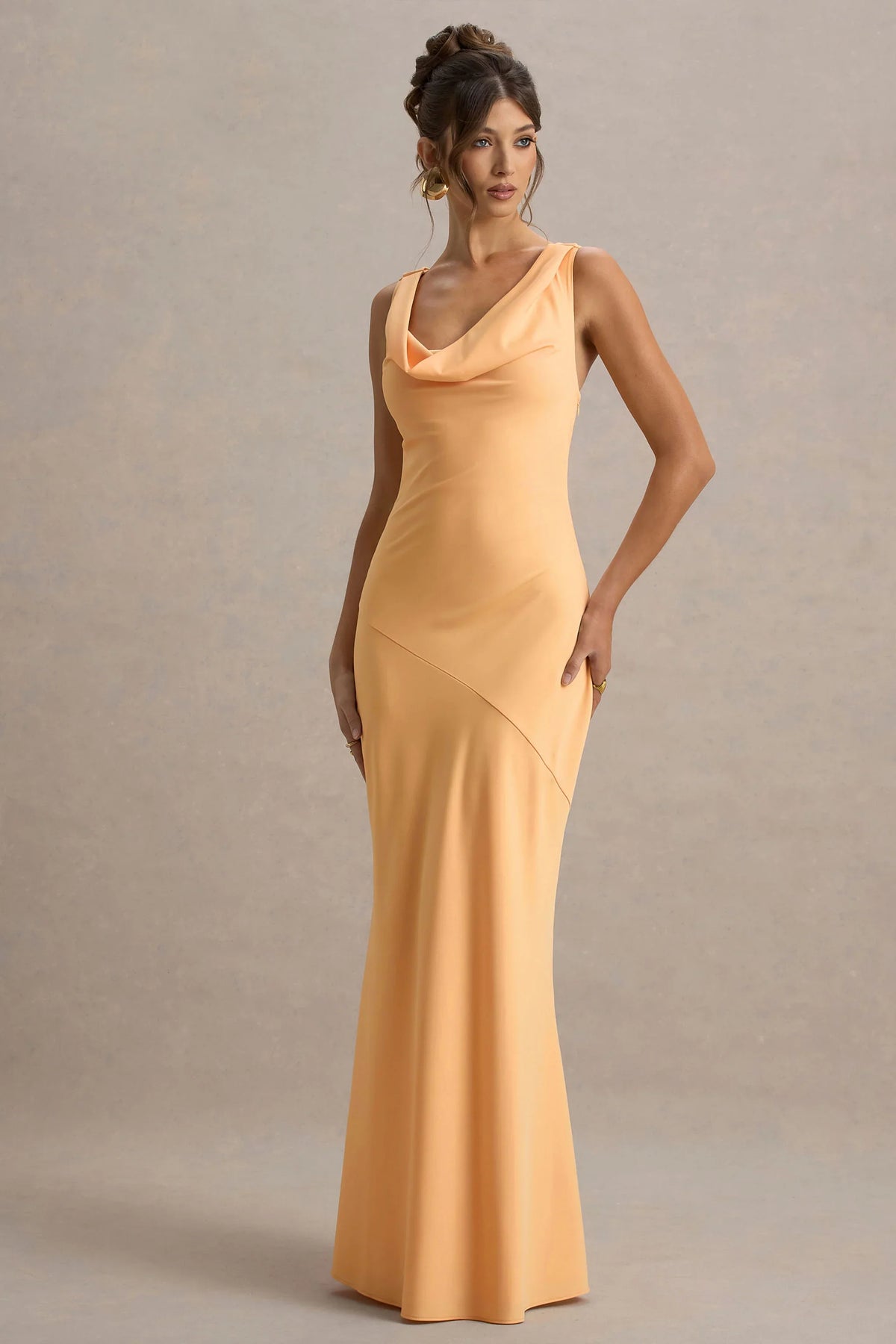 Alesso Peach Satin Cowl Neck Slip Maxi Dress