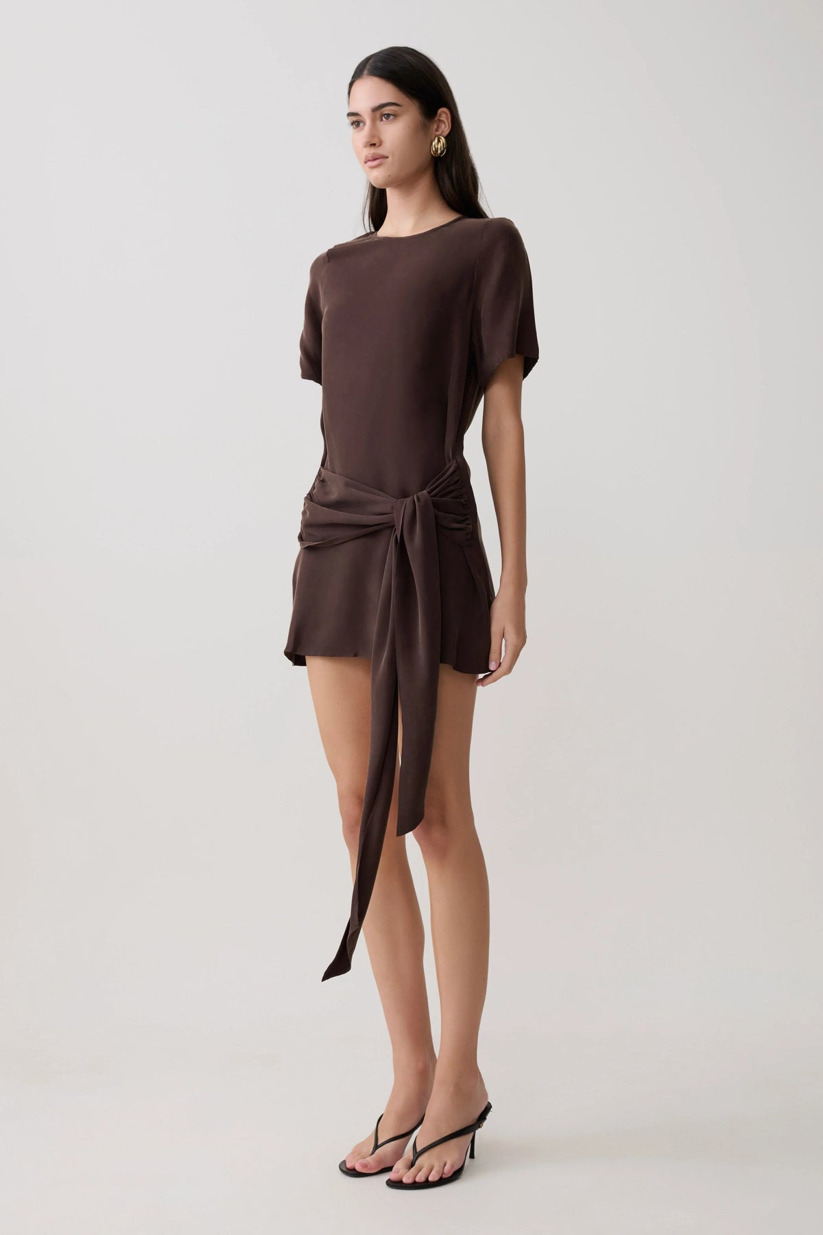 Felicity Short Sleeve Dress With Waist Tie Dark Chocolate