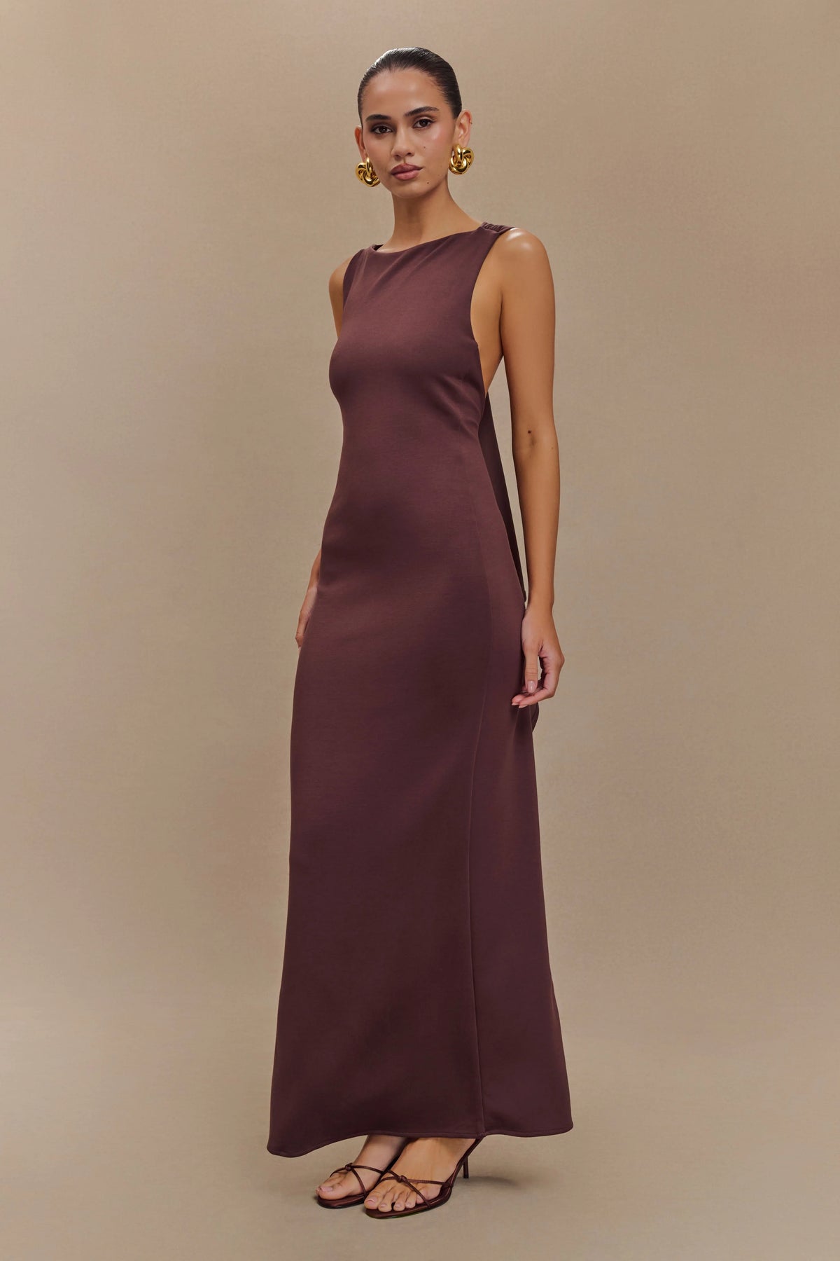 Catelyn Asymmetrical Scuba Jersey Midi Dress Cacao Brown