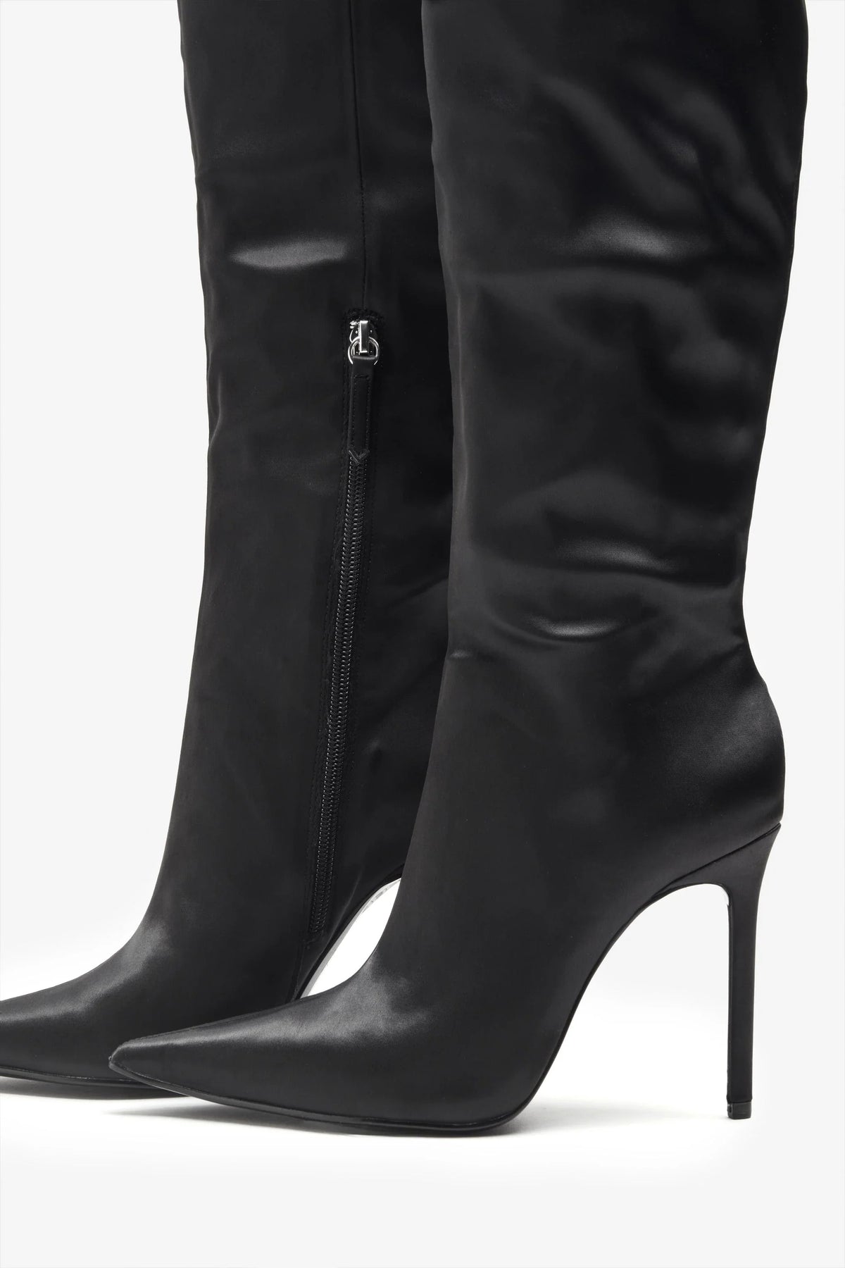 Soho Black Satin Pointed Heeled Boots With Feather Trims