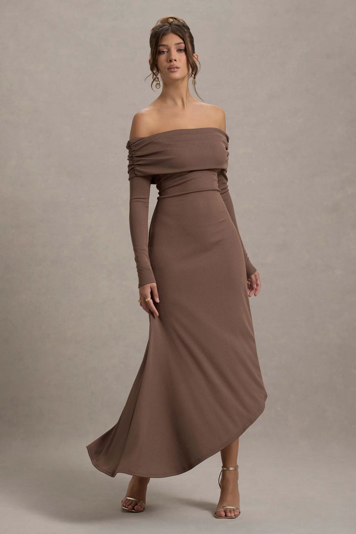 Romina Mocha Rib Knit Bardot Maxi Dress With Asymmetric Hem