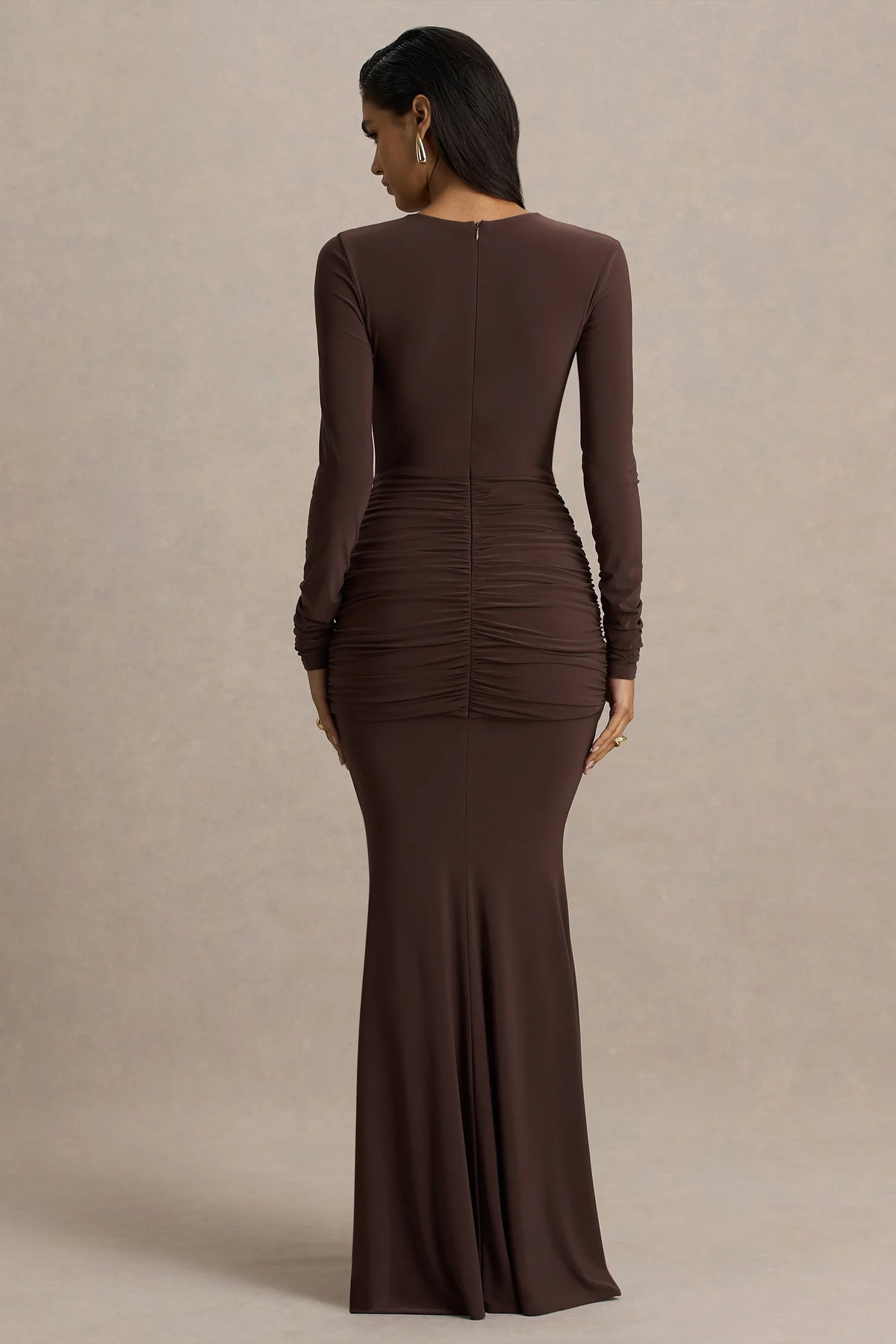 Saffie Chocolate Extreme Plunge Wrap Maxi Dress With Long Sleeves And Ruched Detailing