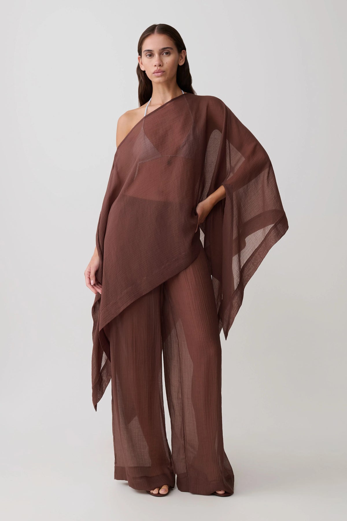 Leilani Sheer Drawstring Wide Leg Pants Chocolate