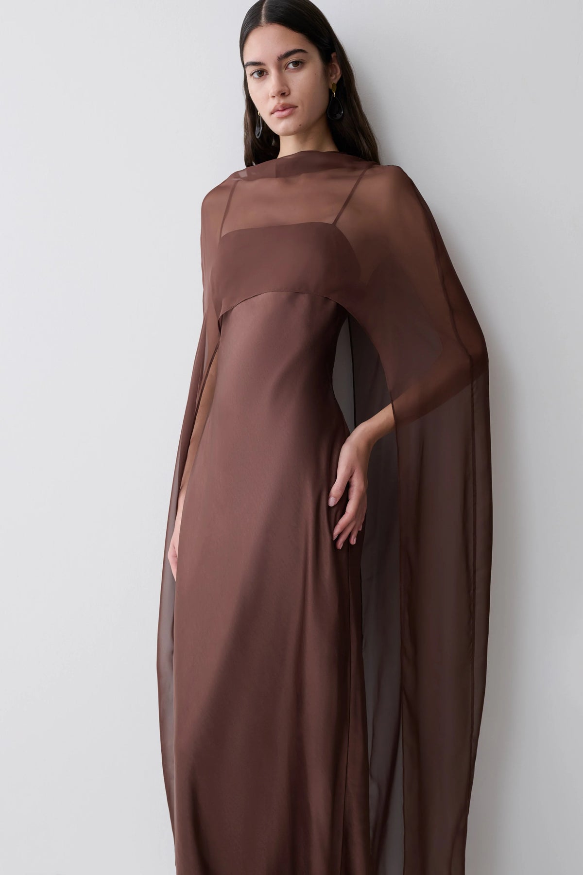 Martinne Chiffon Cape Maxi Dress Mocha