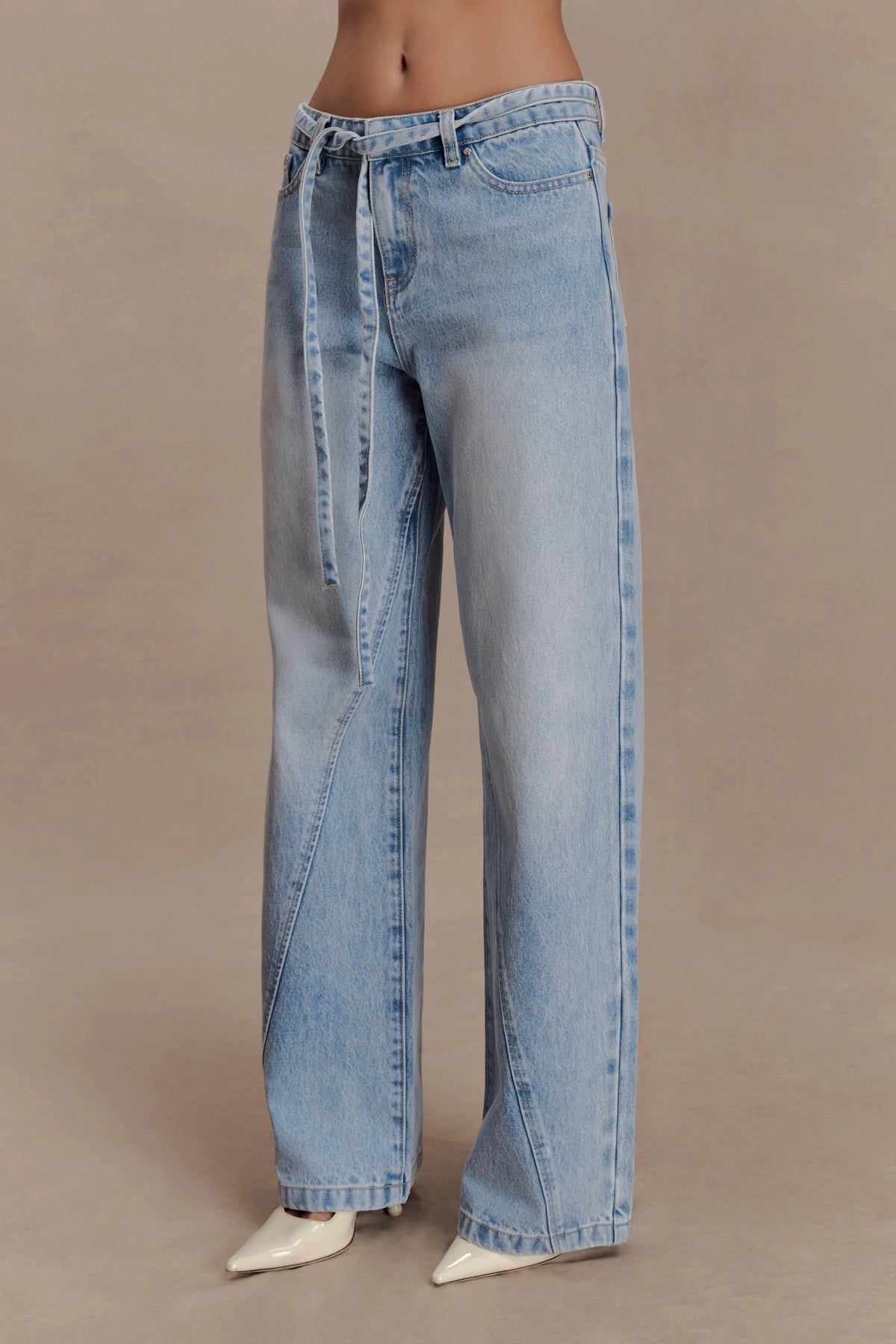 Perrie Mid Rise Straight Leg Tie Jeans Washed Light Blue