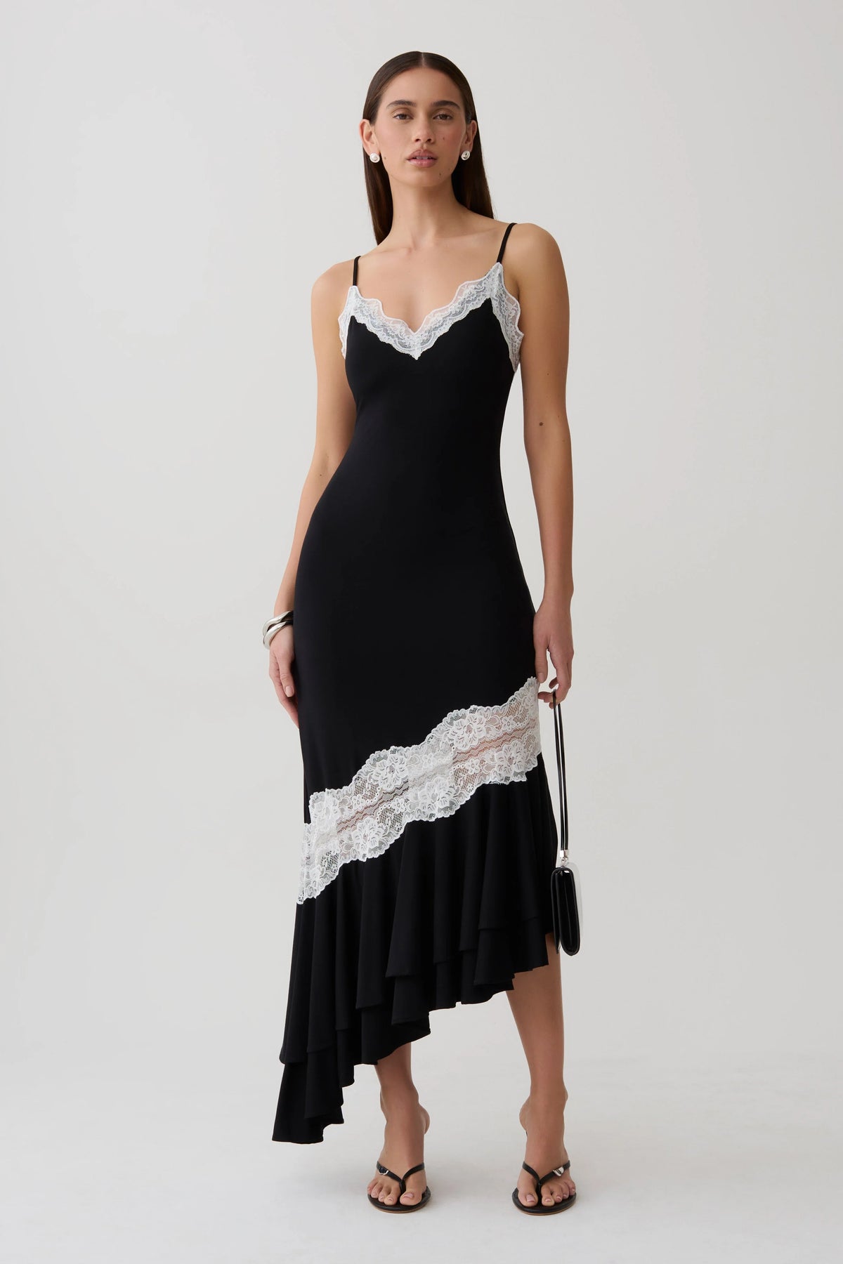 Annis Frilled Hem Lace Midi Dress Black White
